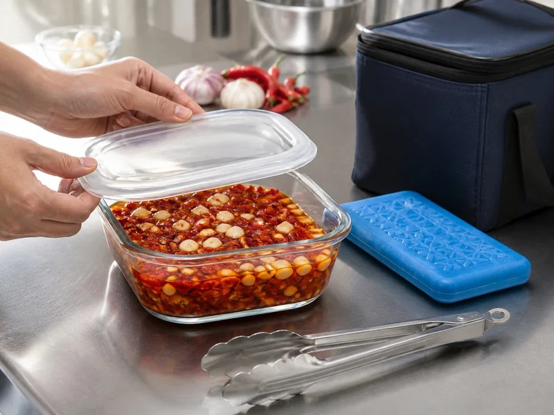 Oil-rich chili garlic paste closed beside a cold pack and insulated bag