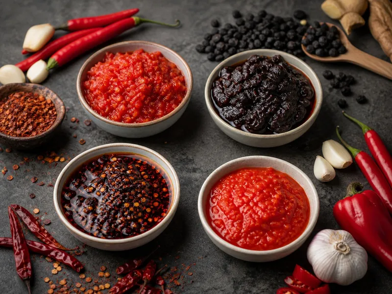 Four chili pastes with vinegar, fermented bean, oil-rich, and fresh textures