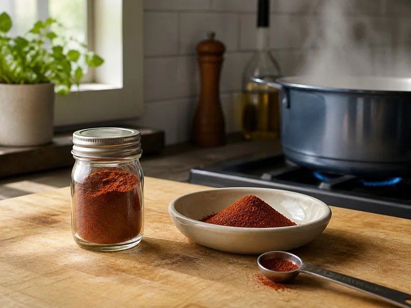 Closed chili powder jar and a prep bowl kept away from a steaming pot