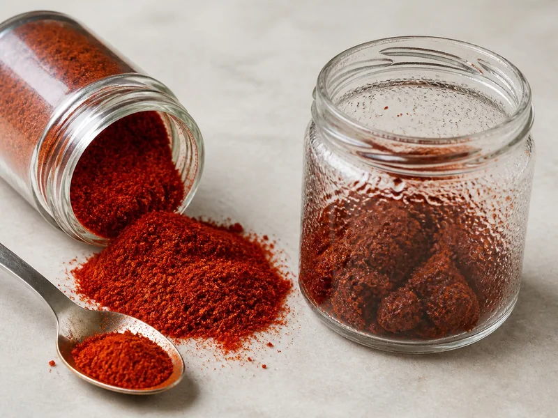 Loose dry chili powder beside visibly wet clumped powder in a jar with condensation