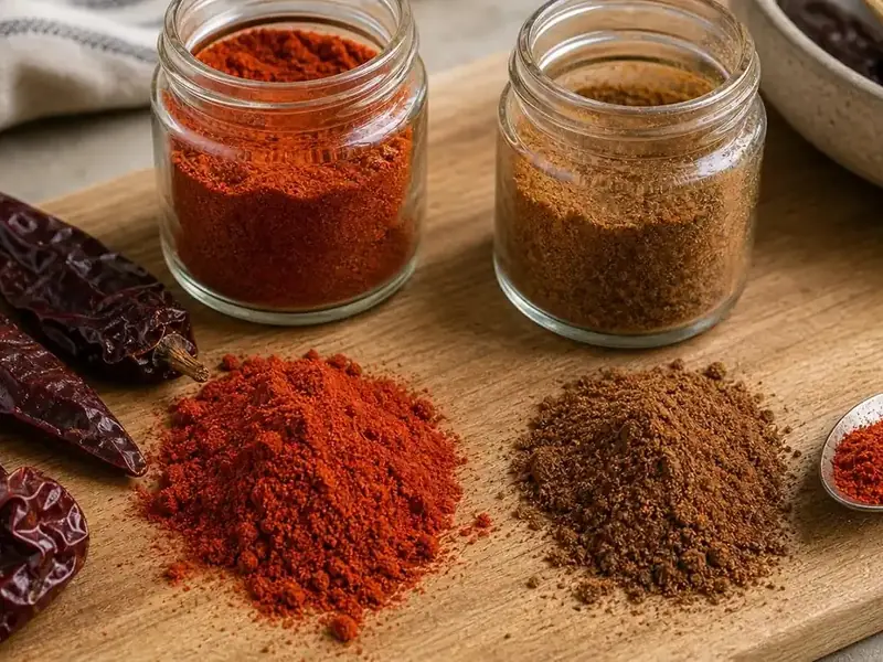 Single-chile powder and a brown seasoning blend beside whole dried chiles