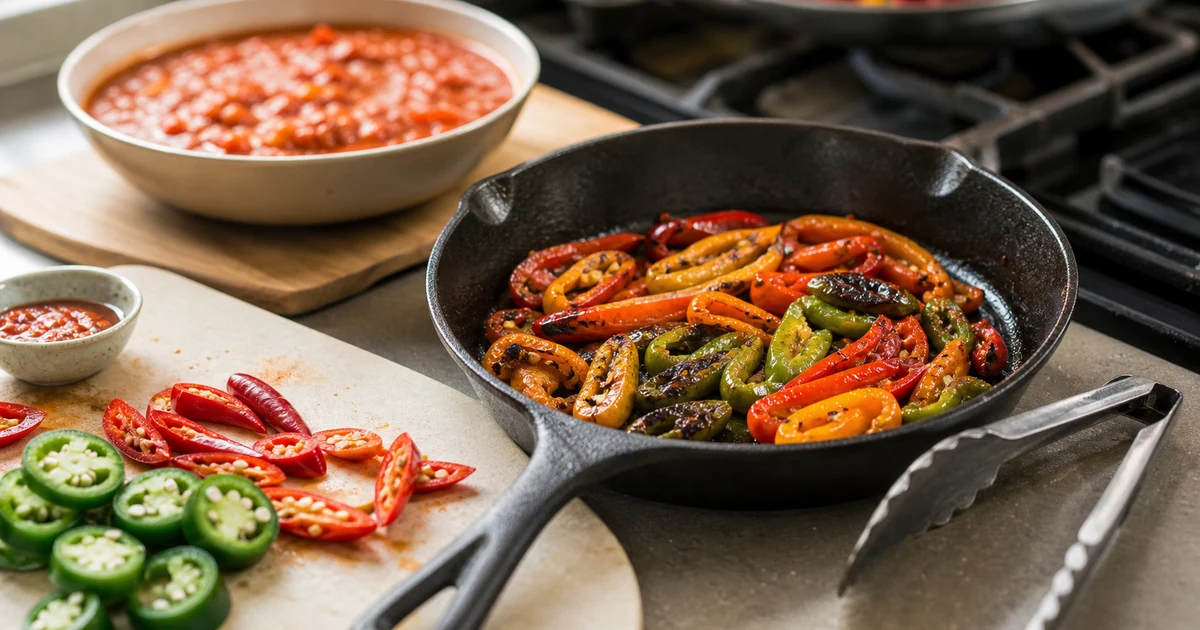 Raw sliced peppers beside blistered cooked peppers in a skillet on a kitchen stove