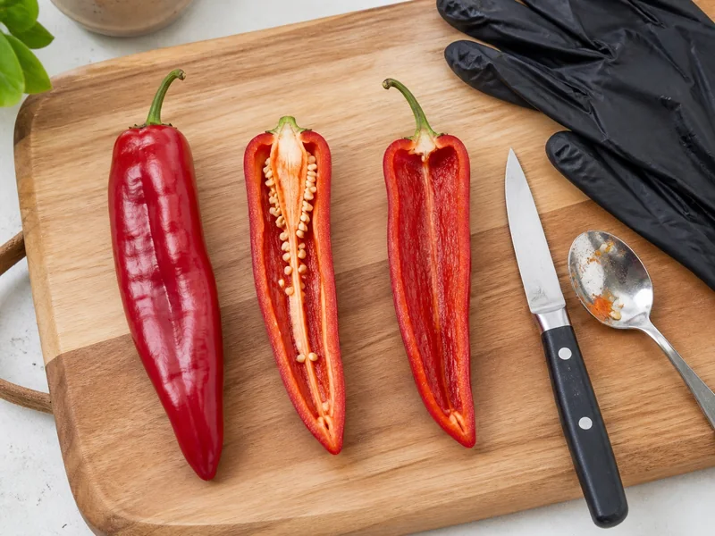 Whole red chile beside halves with inner ribs intact and removed