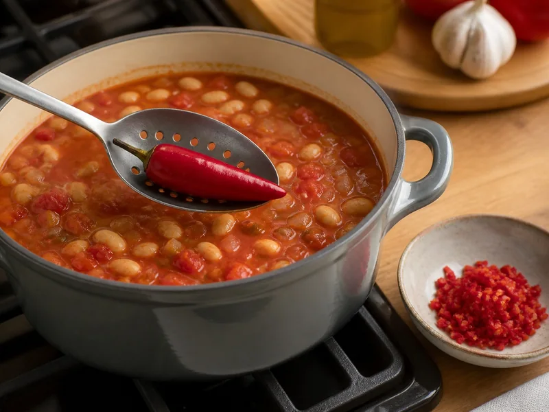 Whole red chile lifted from bean stew beside minced chile not yet added