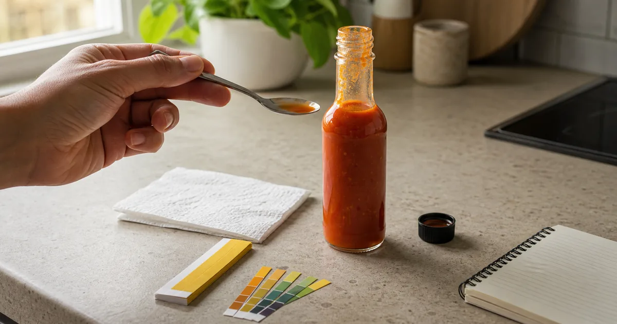 Open hot sauce bottle beside a clean spoon and pH strips on a kitchen counter