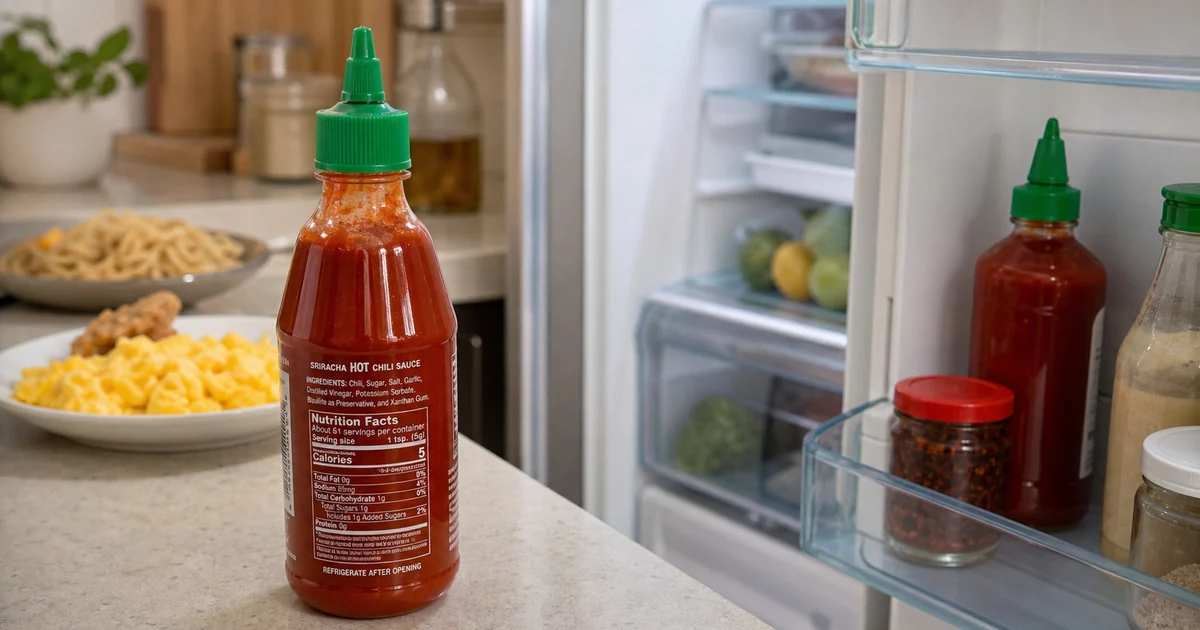 Opened sriracha bottle shown between pantry and refrigerator storage