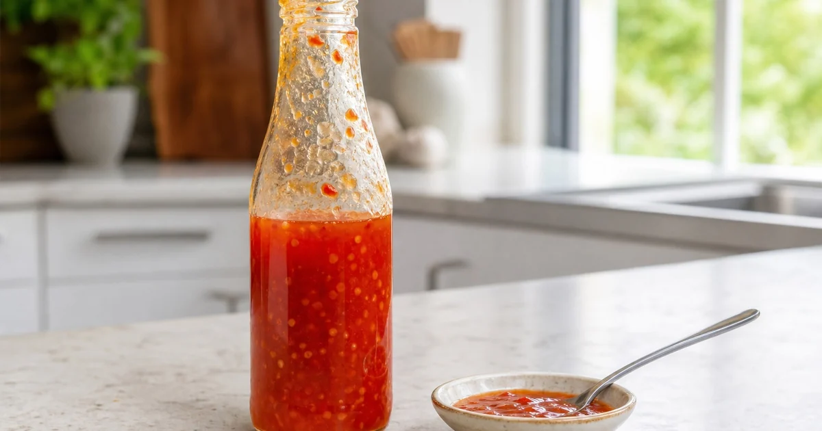 Partially used bottle of sweet chili sauce with sticky residue near the cap on a kitchen counter