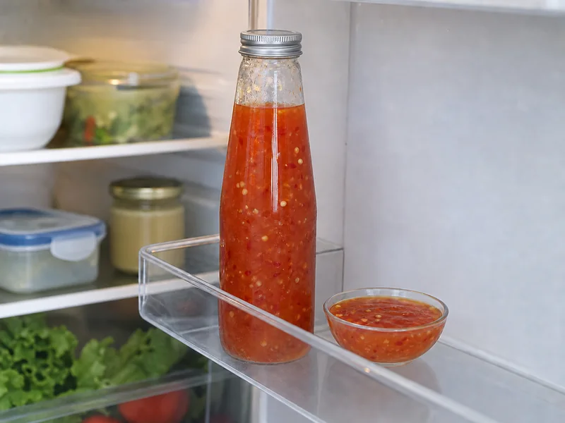 Closed bottle of sweet chili sauce stored upright on a refrigerator door shelf