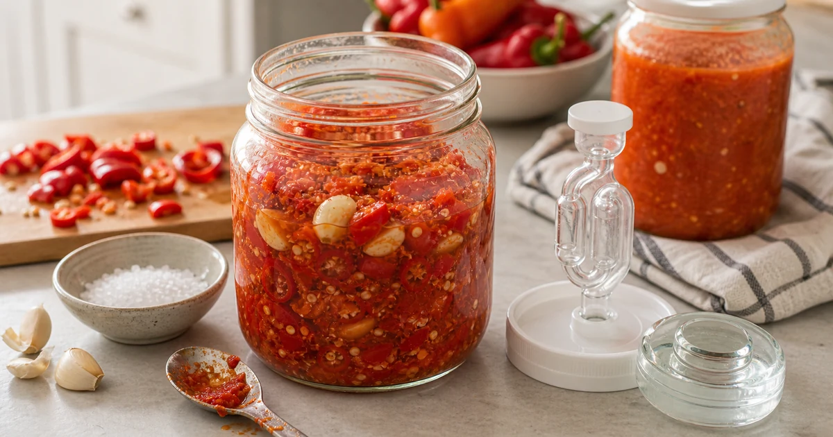 Chopped hot peppers packed in a fermentation jar with salt, weight, airlock lid, and knife