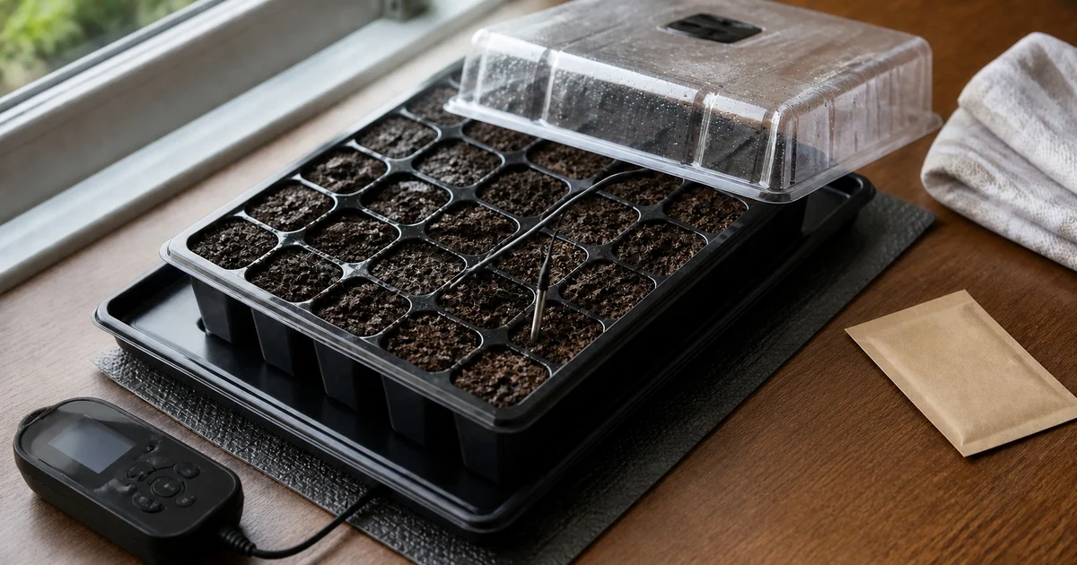 Covered pepper seed tray with a temperature probe and thermostat-controlled heat mat