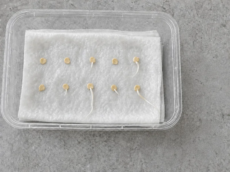 Ten pepper seeds at different germination stages on a damp paper towel