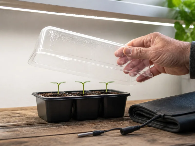 New pepper seedlings under a grow light as the humidity dome is removed