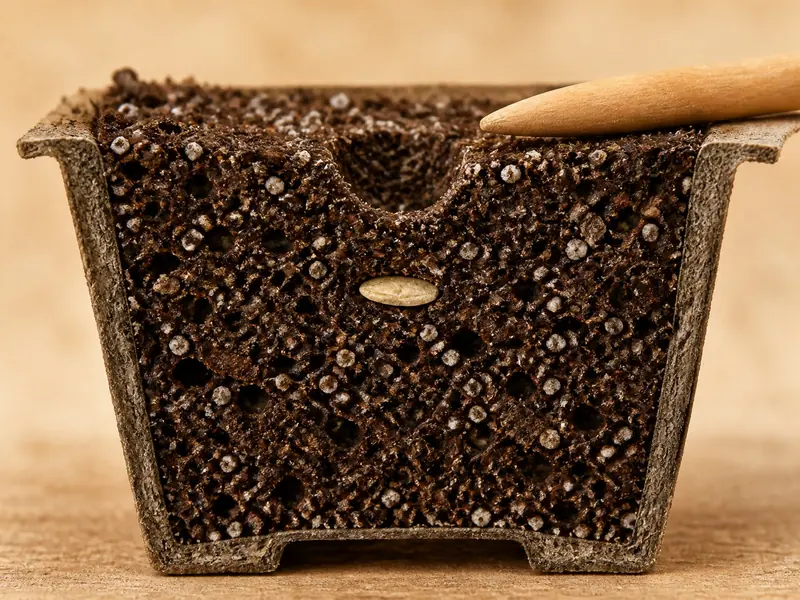 Cross-section of a pepper seed sown shallowly in airy seed-starting mix