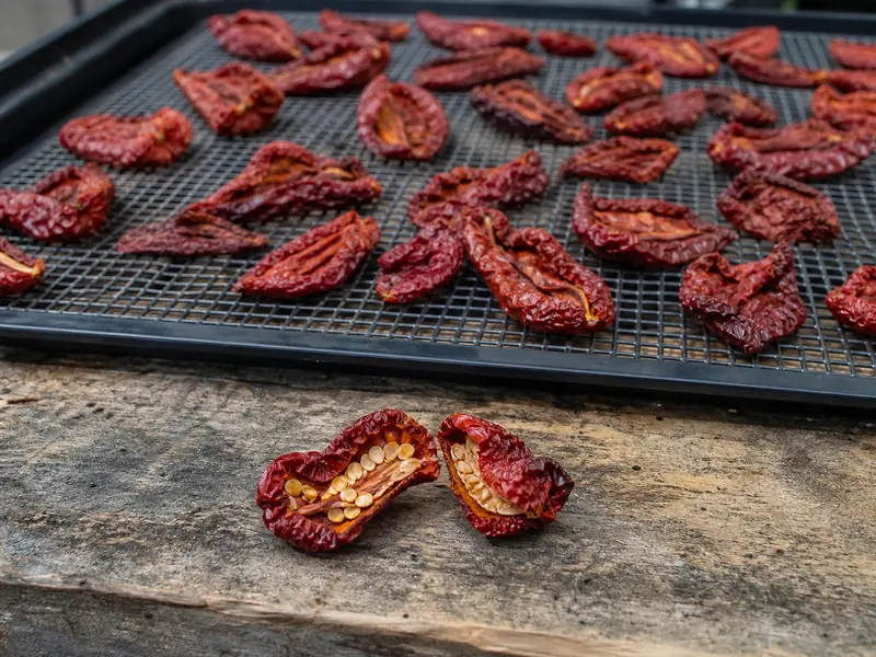 Fully dried ghost pepper halves and a cleanly snapped brittle pod