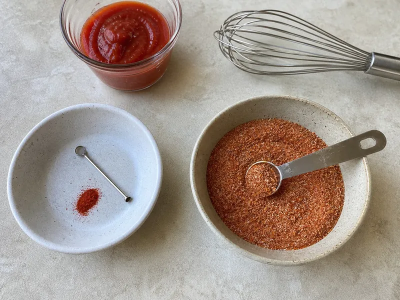 Pure ghost pepper powder beside a diluted spice blend and tomato sauce