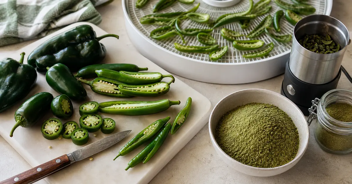 Sliced green chiles, dried chile pieces, grinder, sieve, and green chili powder on a kitchen board