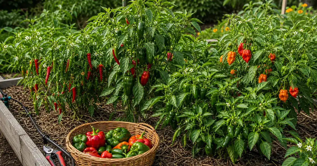 Pepper plant loaded with green and red pods beside pruning shears, ties, stake, compost, and basket