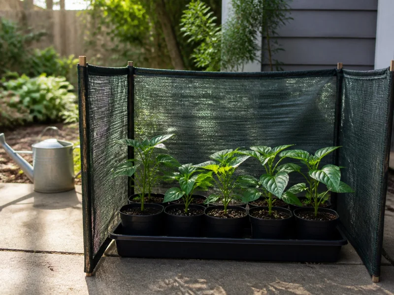 Young pepper plants hardening off outdoors behind a shade cloth wind screen