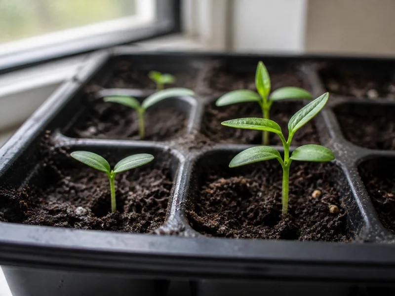 Pepper seedlings showing paired cotyledons and the first pointed true leaves