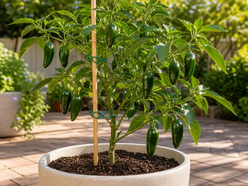 Mature potted jalapeno plant tied loosely to a bamboo stake at two points beside fruit-loaded branches