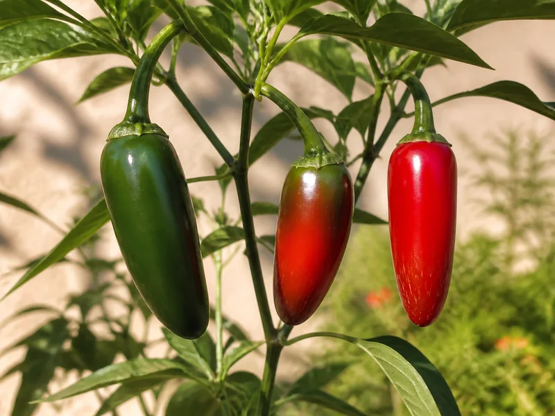 Green, partly red, and fully red jalapenos ripening together on one branch