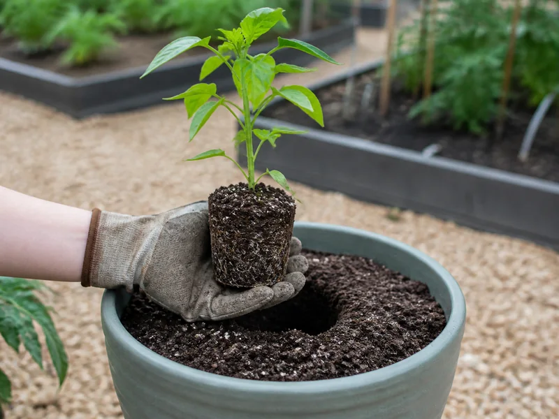 Jalapeno seedling with intact root ball positioned at the original soil line in a wide container