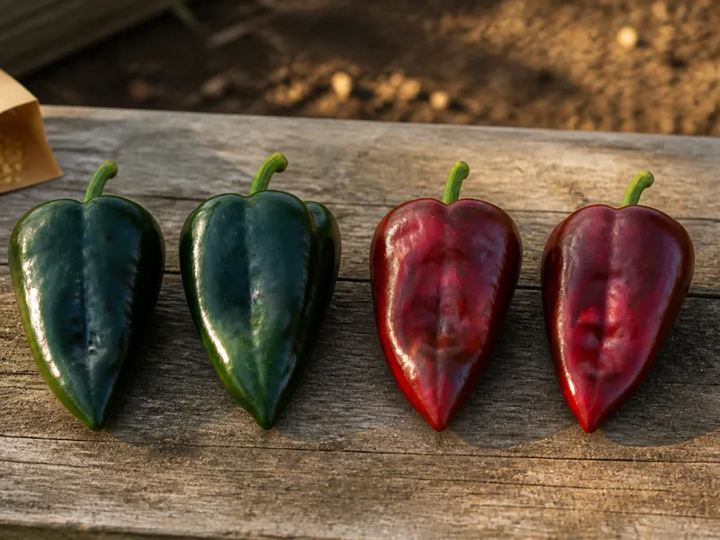 Two full-size green poblanos beside two fully mature red poblanos on a garden bench