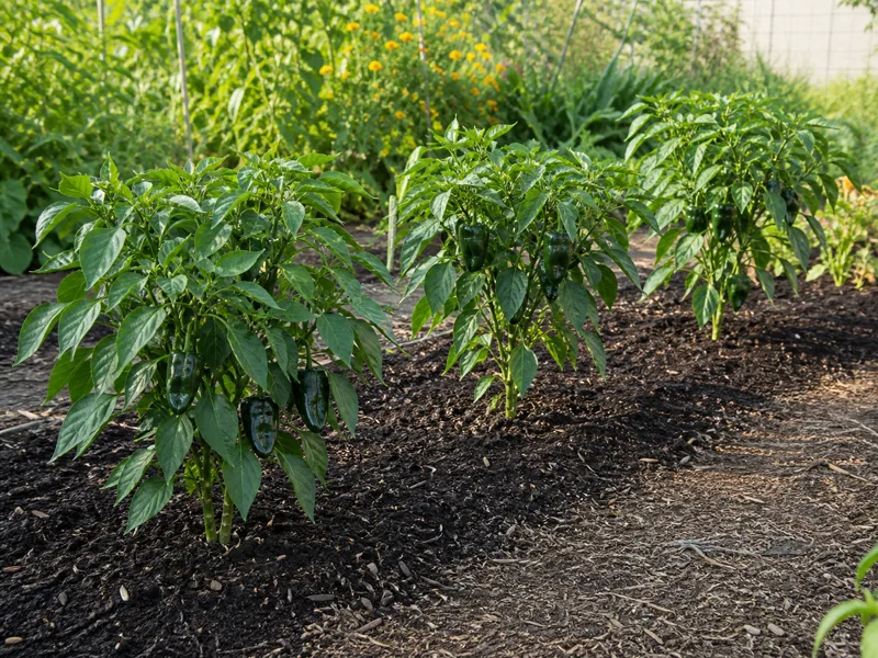 Three mature poblano plants spaced apart in a mulched garden row with open canopy room and a clear access path