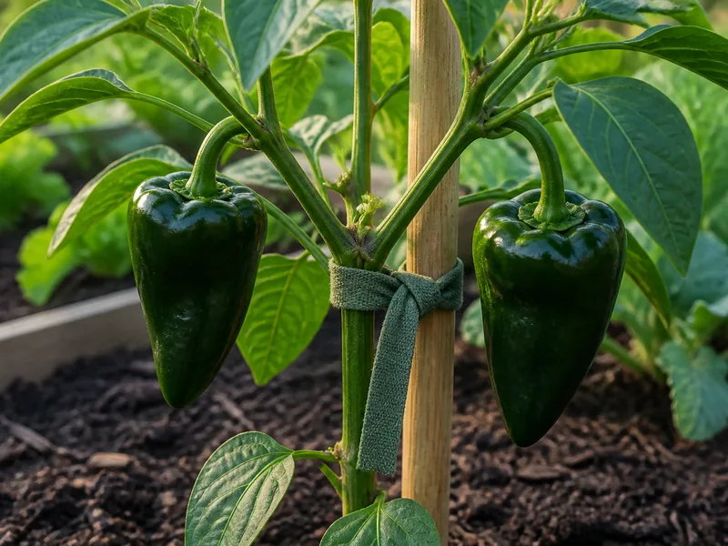 Two green poblano pods on a fruit-loaded branch tied loosely below the fork to a wooden stake