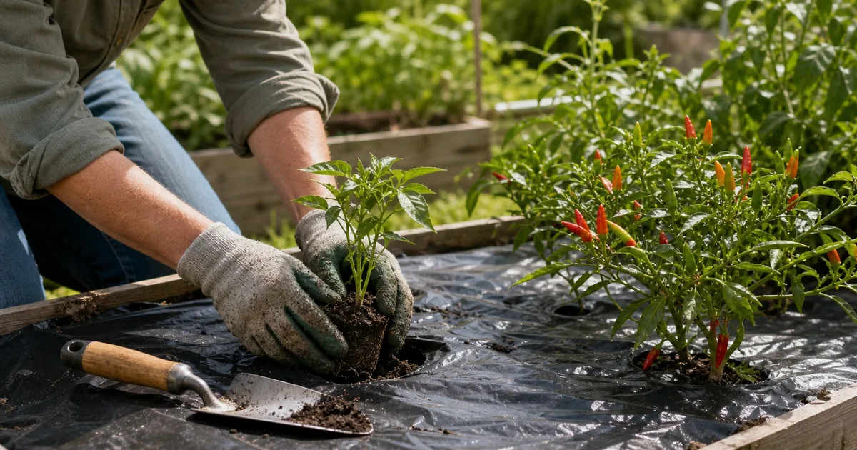 Gardener transplanting a tabasco pepper plant into a warm mulched bed