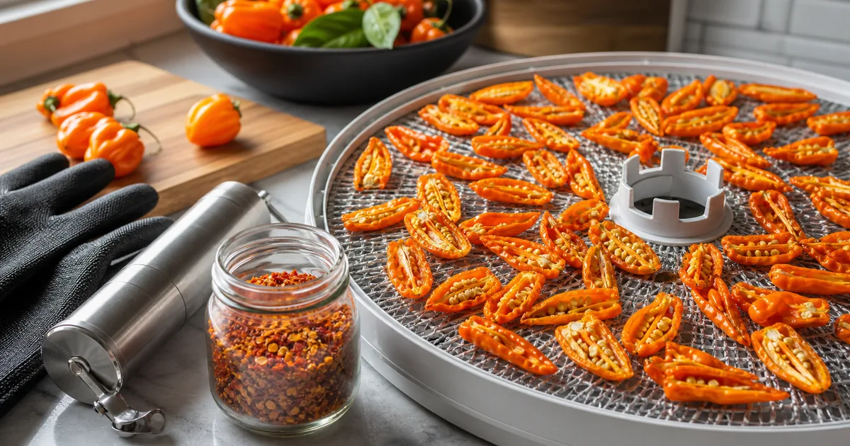 Sliced habanero peppers drying on a dehydrator tray beside a grinder and flakes