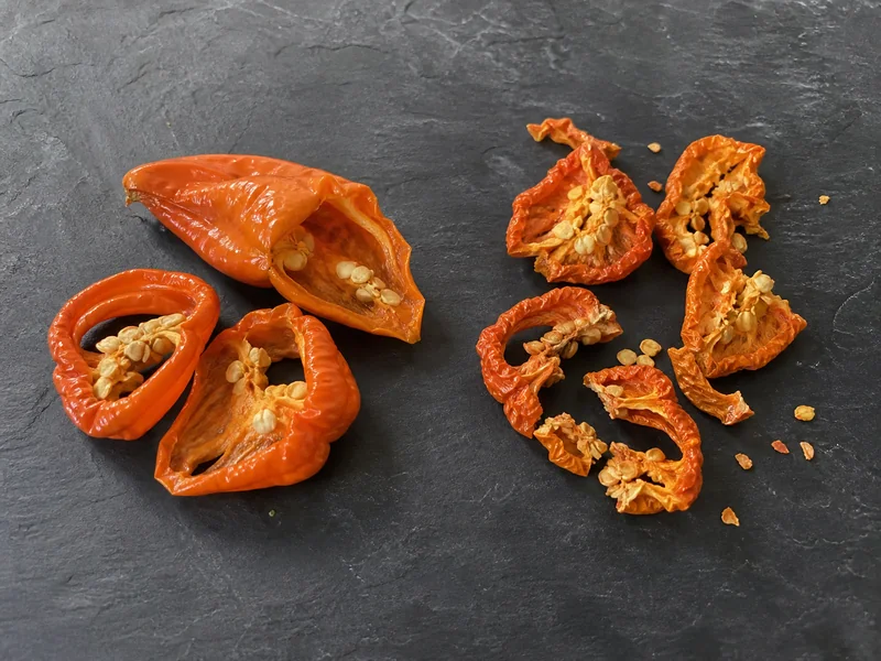 Leathery under-dried habanero pieces beside brittle pieces that have snapped