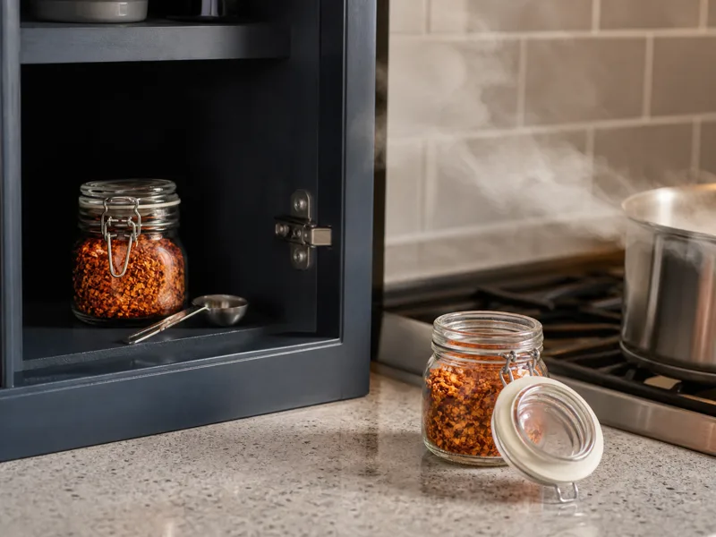 A sealed jar of coarse habanero flakes in a dark cabinet compared with an open jar exposed to steam beside a stove