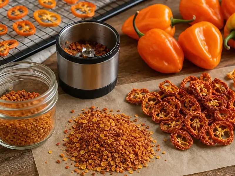 Fresh habaneros, dried rings, crushed flakes, and spice grinder on a wooden board