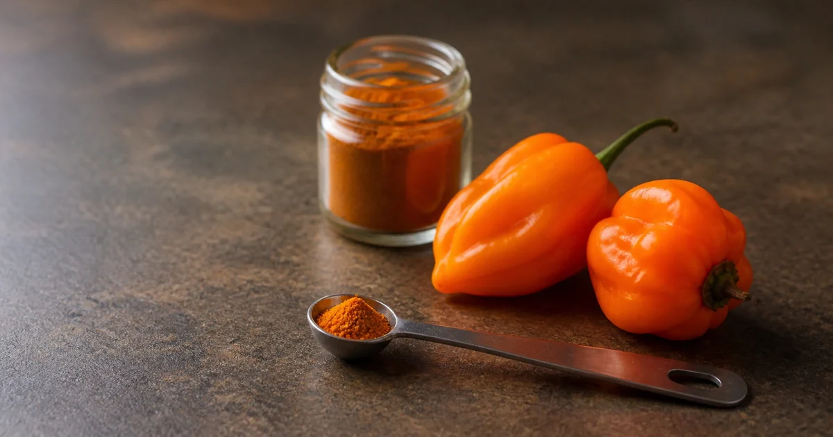 Measured habanero powder beside ripe orange habanero peppers