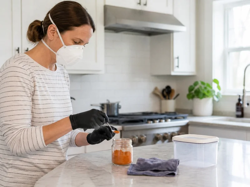 Cook measuring habanero powder while wearing gloves and a mask