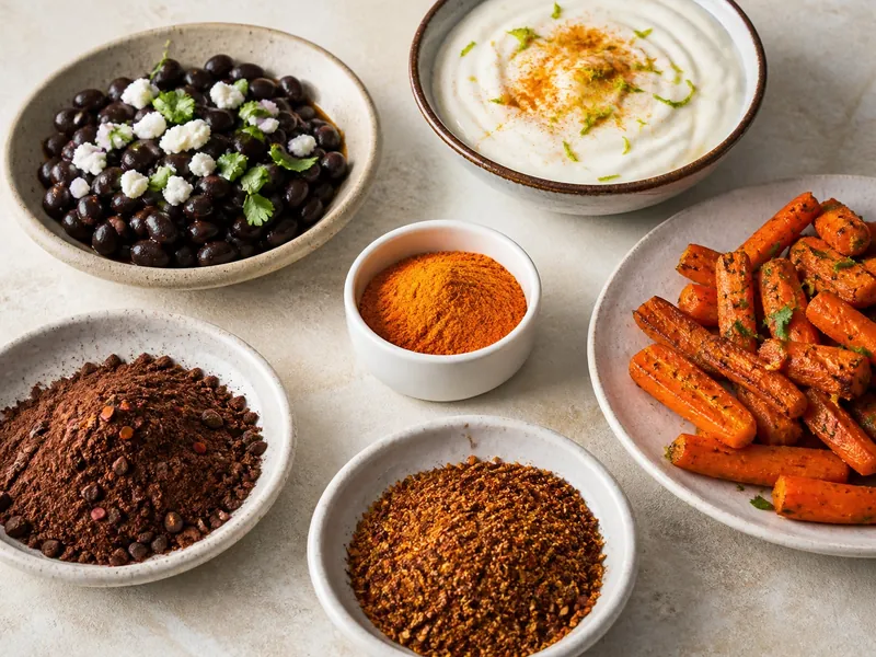 Habanero powder with beans, yogurt sauce, carrots, cocoa, and dry rub