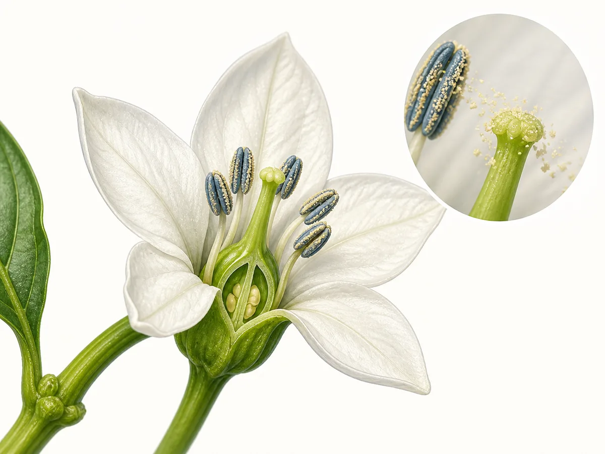 Botanical cutaway of a pepper flower showing anthers around the stigma and the ovary behind the petals