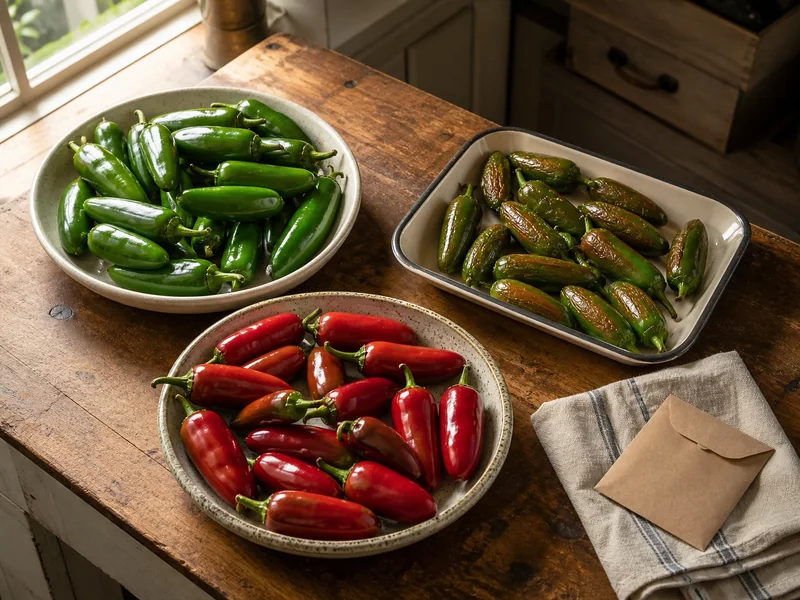 Green, corked, and red jalapenos sorted into separate kitchen containers