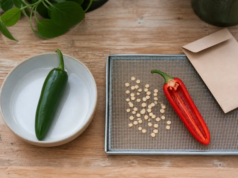 A firm green eating-stage jalapeno beside a fully red jalapeno and clean seeds drying on a mesh screen