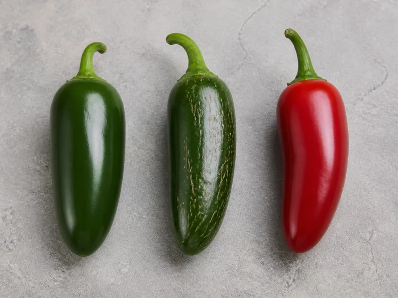 Smooth green, corked green, and ripe red jalapenos compared side by side
