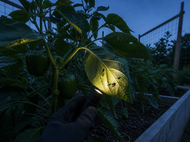 Flashlight inspection beneath a pepper leaf reveals a caterpillar and frass at dusk