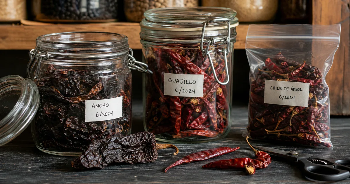 Whole dried chile peppers stored in airtight jars with date labels on a dark pantry shelf