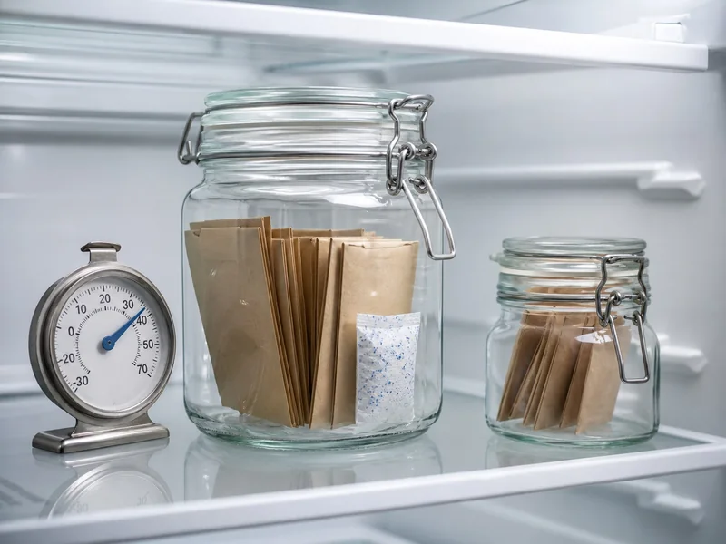 Sealed working and reserve seed jars with paper packets and desiccant in a refrigerator