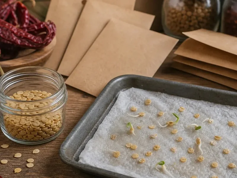 Pepper seeds in a jar beside a warm paper towel germination test