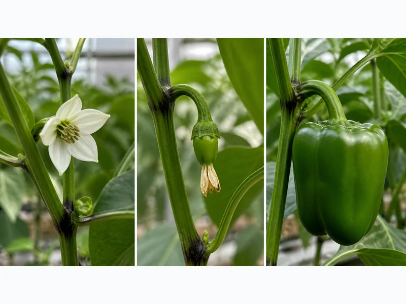 Pepper flower, newly set green fruit, and mature green bell pepper on greenhouse plants