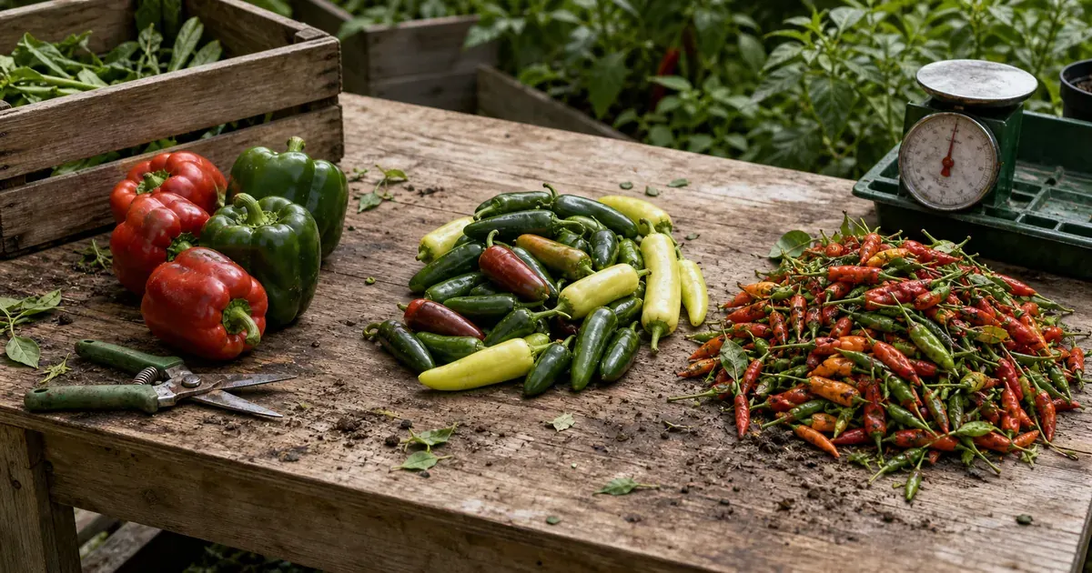 Mixed pepper harvest on a garden bench showing large and small pepper yield differences