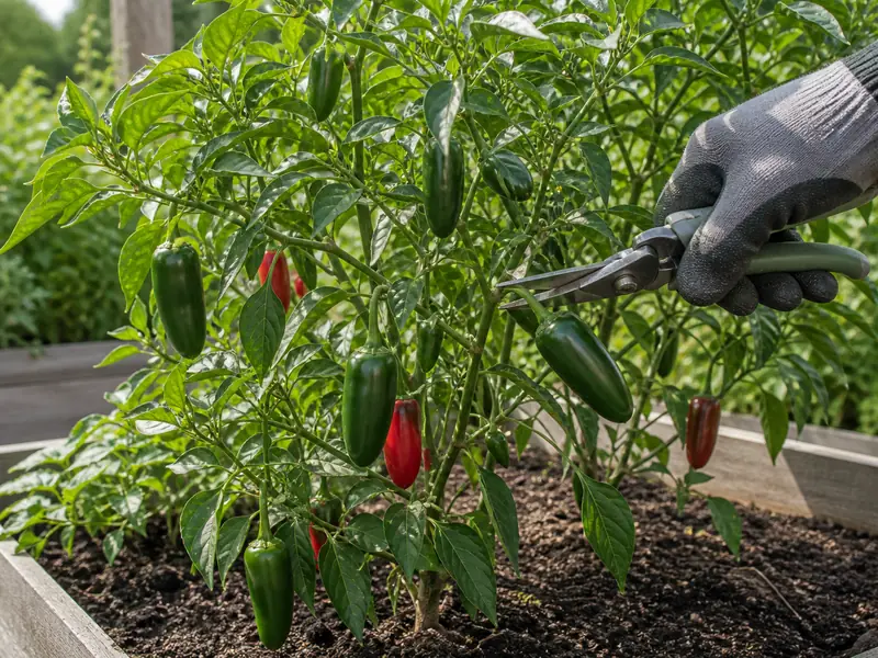 Jalapeno plant carrying green and red pods while one mature green pepper is cut with pruning shears
