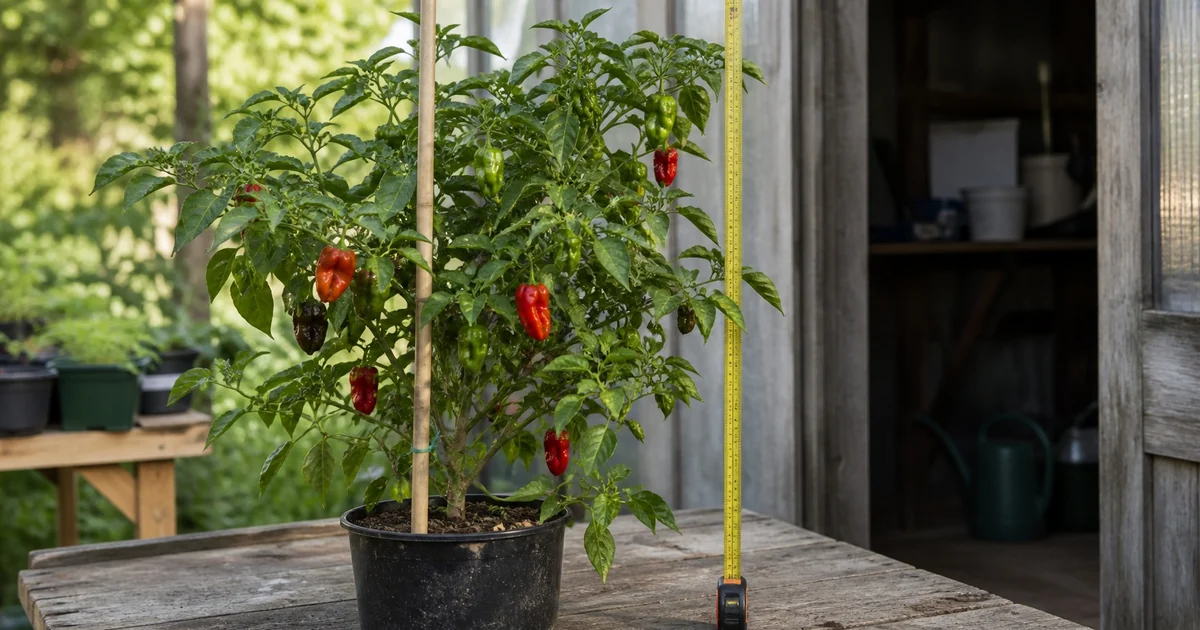 Pepper plant in a pot beside a stake and measuring tape for height planning