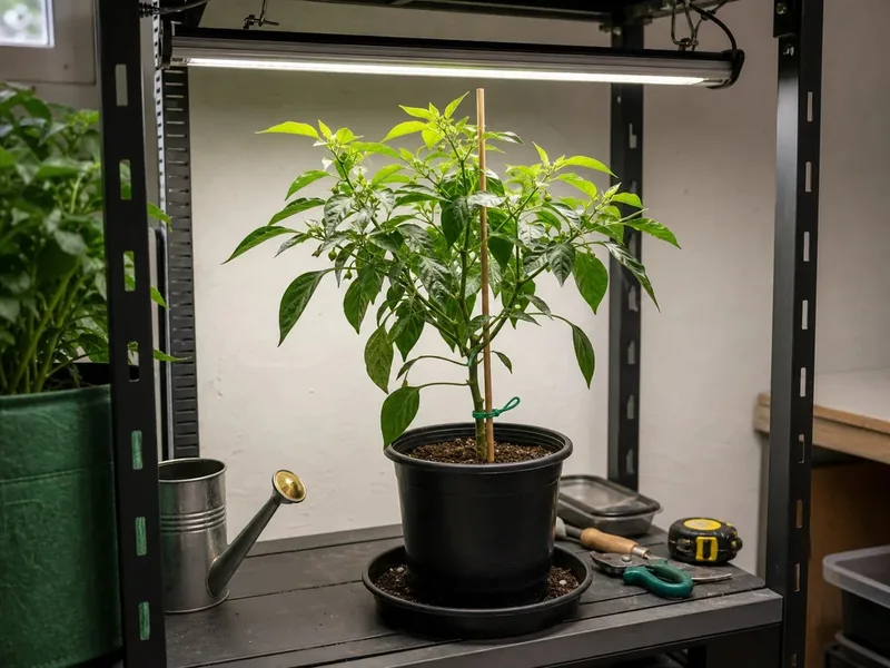 Compact ornamental pepper beside a taller staked pepper plant in a raised garden bed